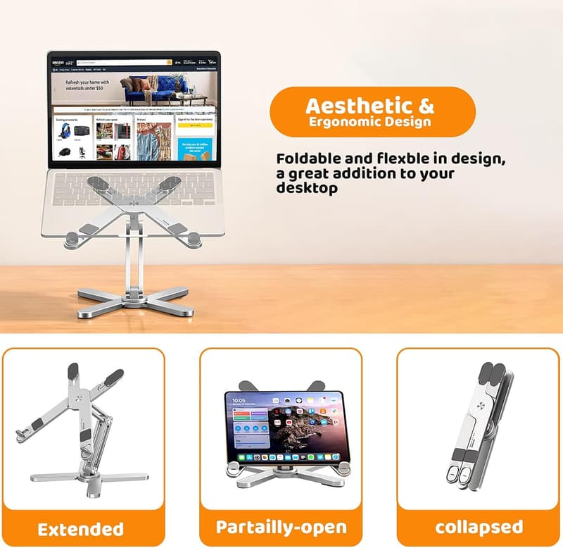 360° Rotating Laptop Stand, Foldable Metal Riser for Desks