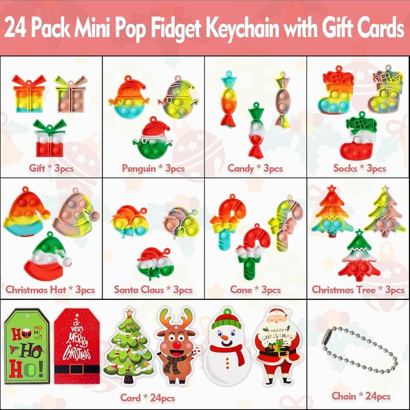Christmas Party Favors: 24 Mini Pop Fidget Keychains for Kids