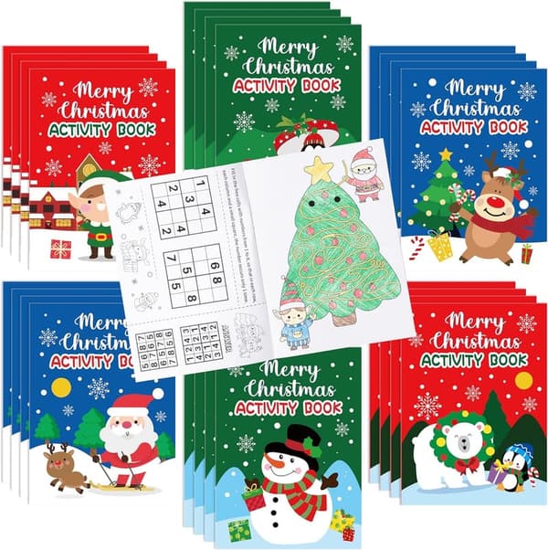 Christmas Activity Book Set for Kids - 24 Mini Games & Coloring