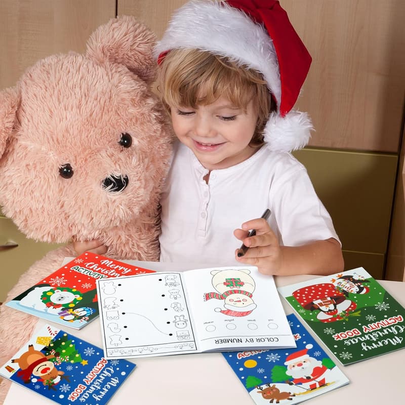 Christmas Activity Book Set for Kids - 24 Mini Games & Coloring