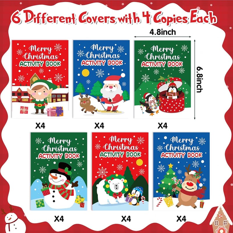 Christmas Activity Book Set for Kids - 24 Mini Games & Coloring