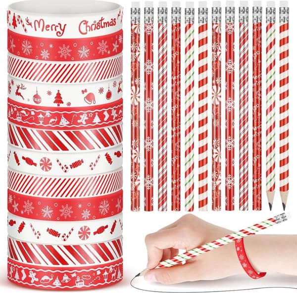 Christmas Party Favors: 48 Pcs Holiday Pencil & Silicone Bracelet Set