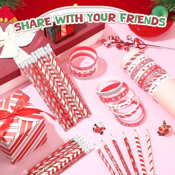 Christmas Party Favors: 48 Pcs Holiday Pencil & Silicone Bracelet Set