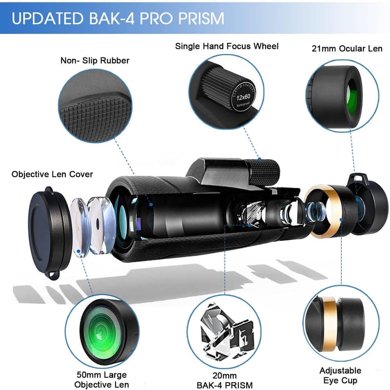 High-Powered 12x60 Monocular with Smartphone Holder for Men