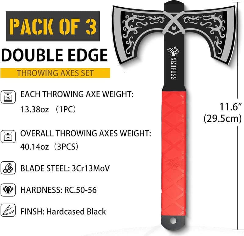 Viking Throwing Axe Set - 3 Double Bit Axes with TPR Handles