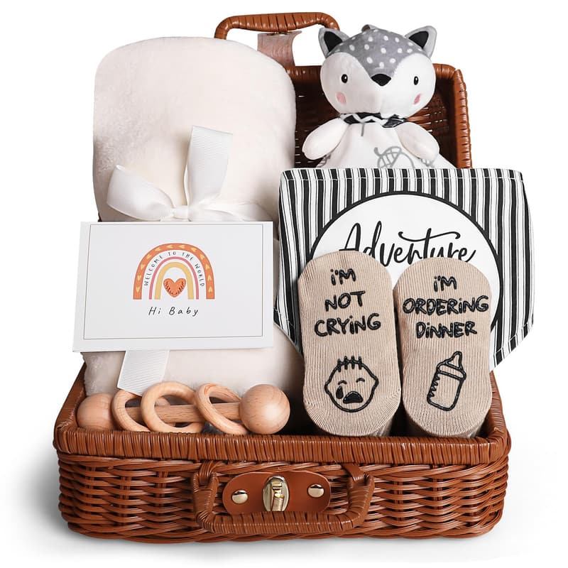 Newborn Baby Shower Gift Basket with Blanket, Rattle & Bibs