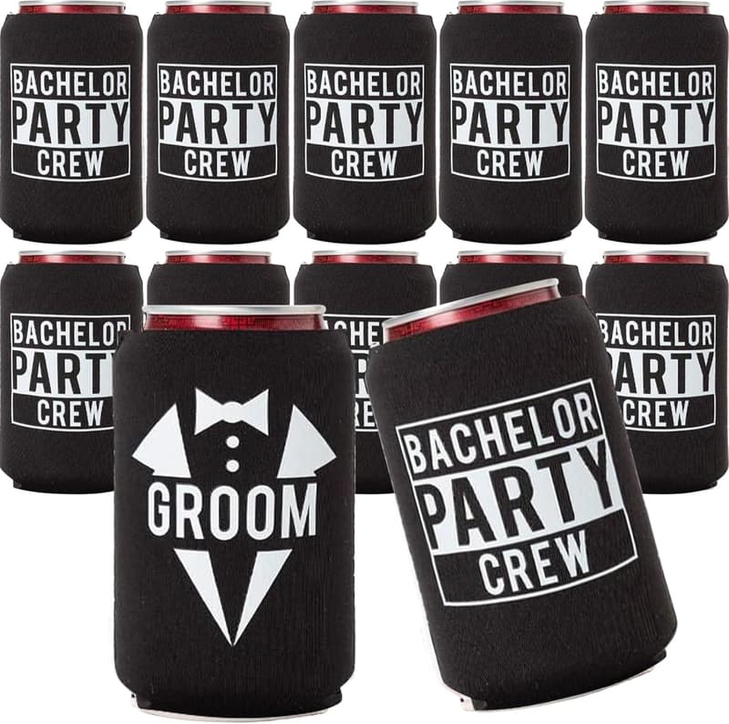 Bachelor Party Can Coolers Set, 12 Black & White Drink Holders