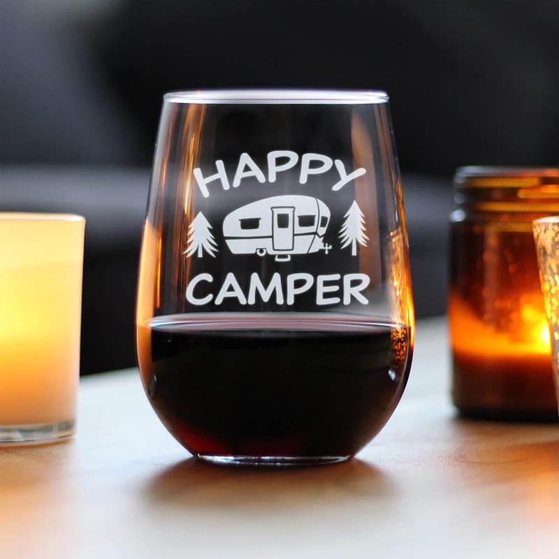 Funny Stemless Wine Glass - Happy Camper RV Gift for Couples