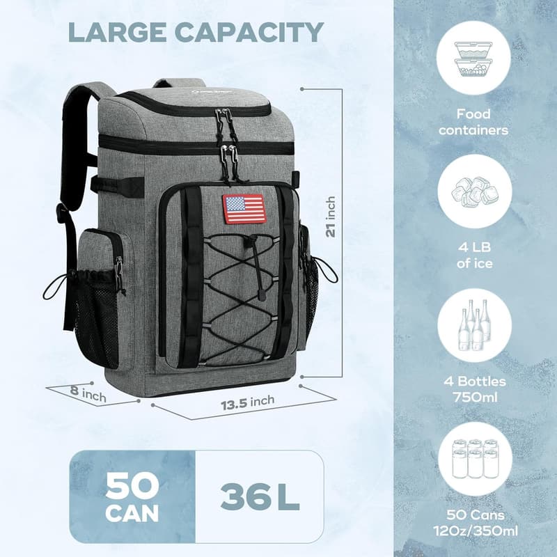 Insulated Backpack Cooler for 50 Cans - Waterproof & Lightweight