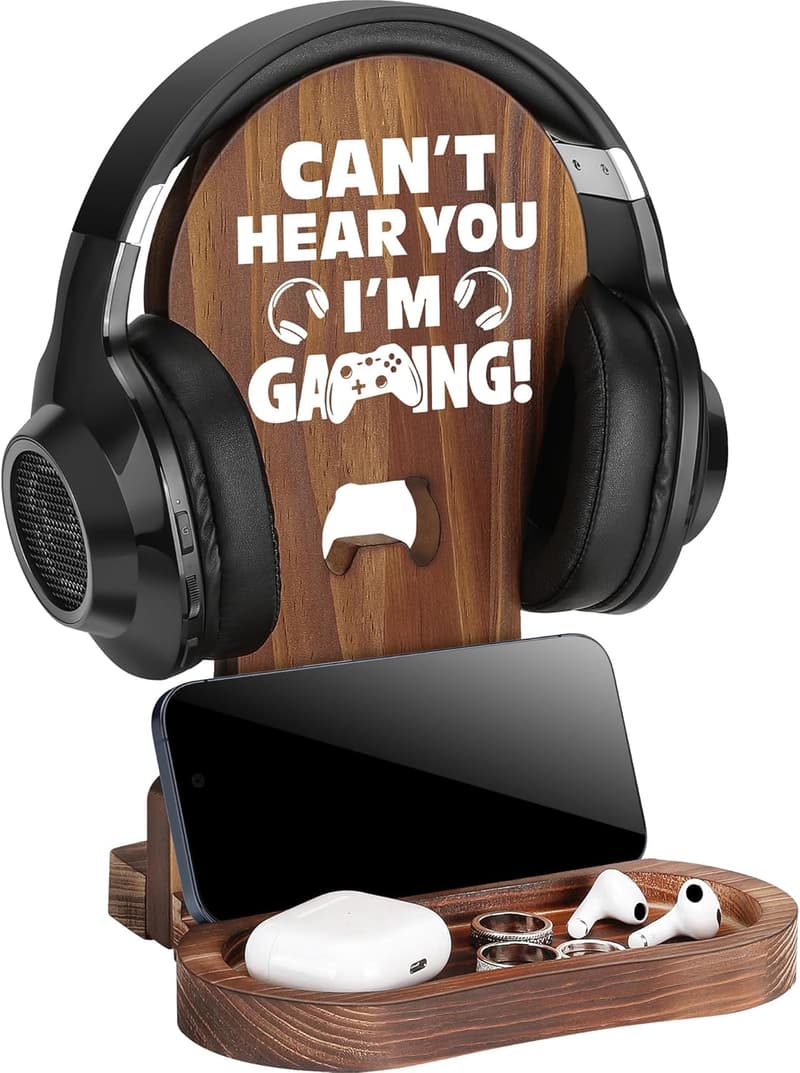 Gamer Room Decor: Wooden Headset Stand for Men & Teens