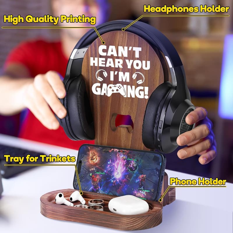 Gamer Room Decor: Wooden Headset Stand for Men & Teens