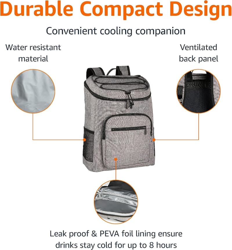 Gray Insulated Cooler Backpack, 30 Can Capacity, Leak-Proof