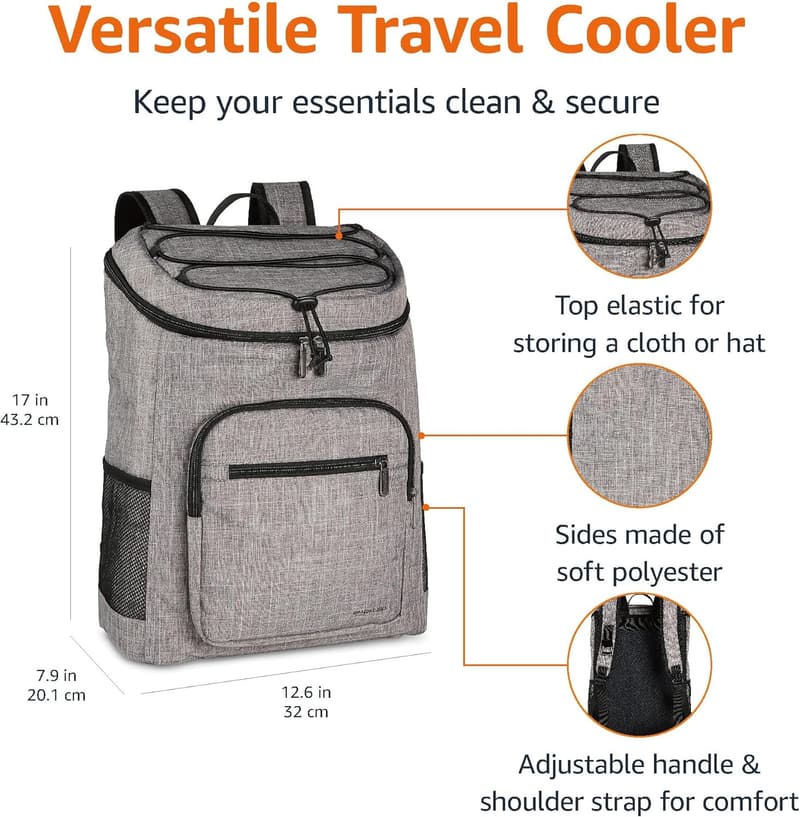 Gray Insulated Cooler Backpack, 30 Can Capacity, Leak-Proof