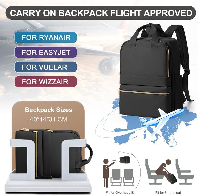 Women’s Black Travel Backpack for Airplane & Laptop
