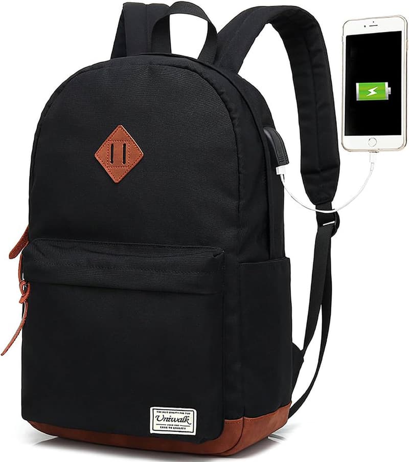 Water-Resistant College Backpack with USB Port - Black