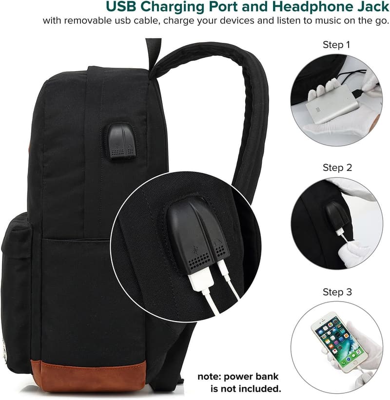 Water-Resistant College Backpack with USB Port - Black