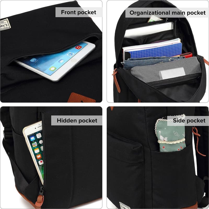 Water-Resistant College Backpack with USB Port - Black