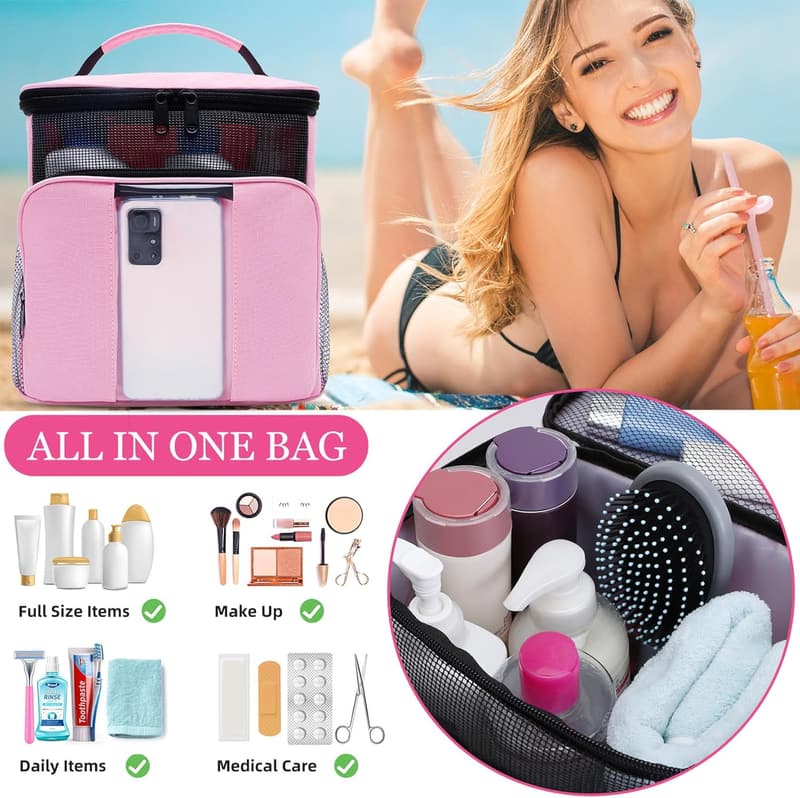 Portable Hanging Mesh Shower Caddy - Travel Toiletry Organizer for Women