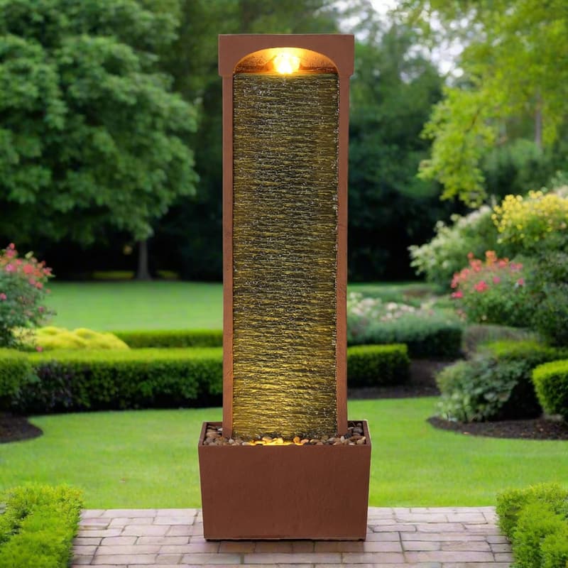 Modern Curved Faux Slate Waterfall Fountain with LED Lights