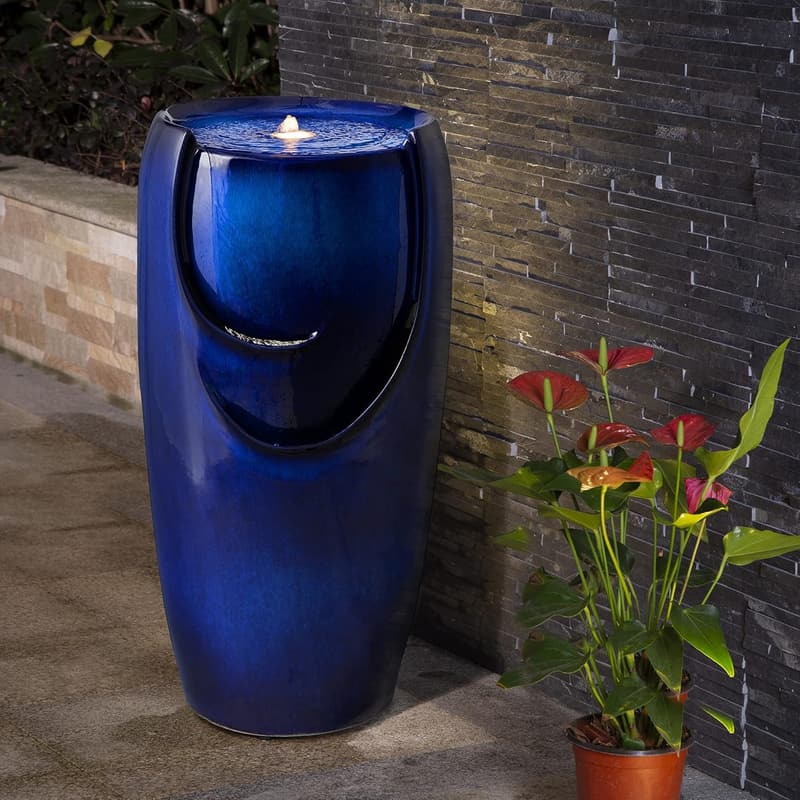 Cobalt Blue Outdoor Ceramic Water Fountain with LED Light