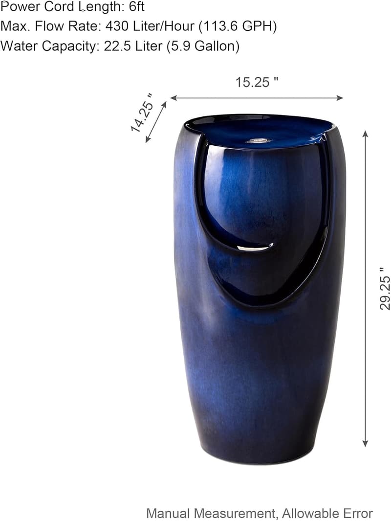 Cobalt Blue Outdoor Ceramic Water Fountain with LED Light