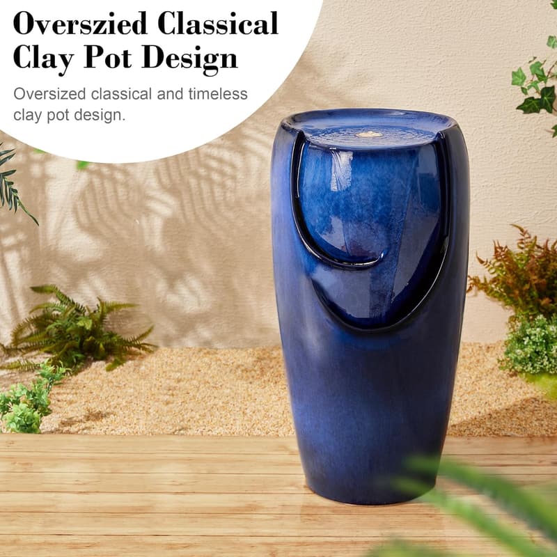 Cobalt Blue Outdoor Ceramic Water Fountain with LED Light