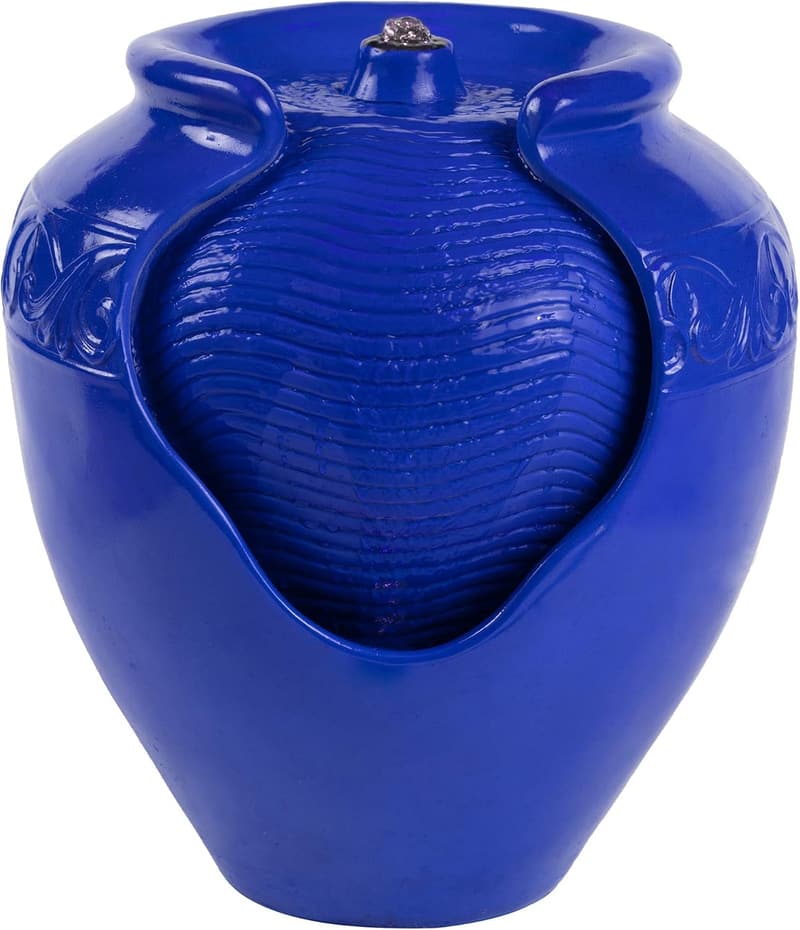 Cobalt Blue Indoor/Outdoor Ceramic-Look Fountain with LED Lights