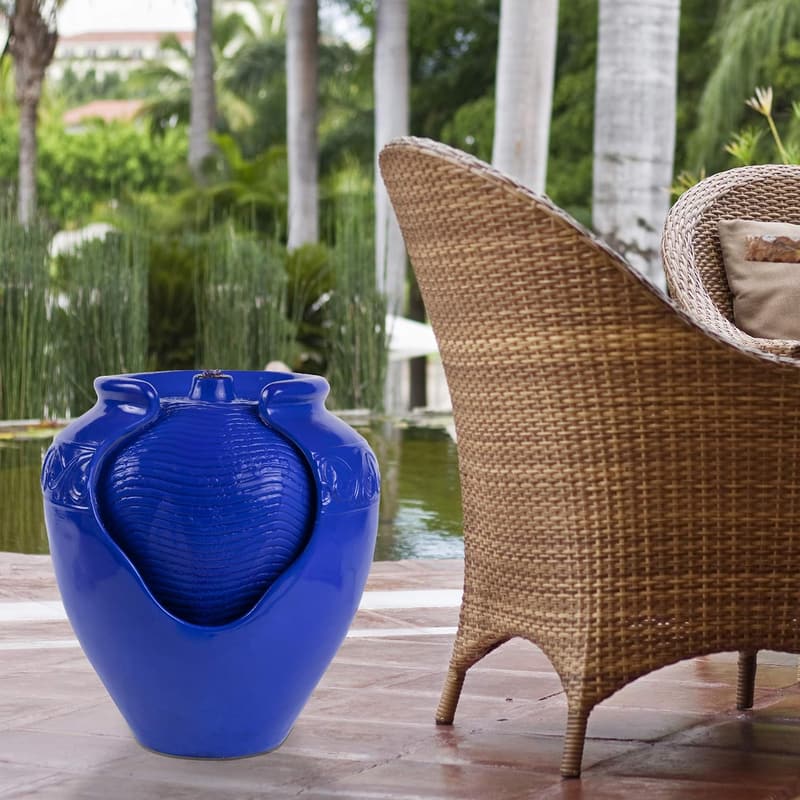 Cobalt Blue Indoor/Outdoor Ceramic-Look Fountain with LED Lights