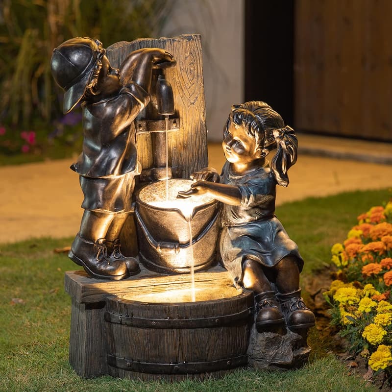 Outdoor Water Fountain with LED Light – Antique Bronze Children Statue