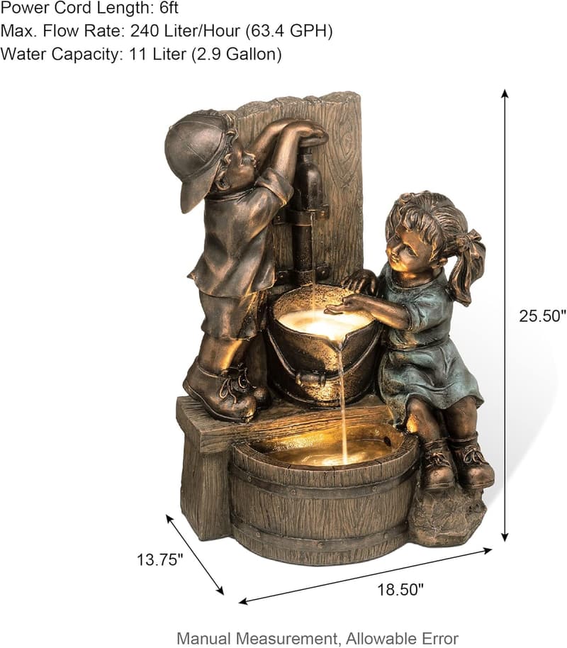 Outdoor Water Fountain with LED Light – Antique Bronze Children Statue