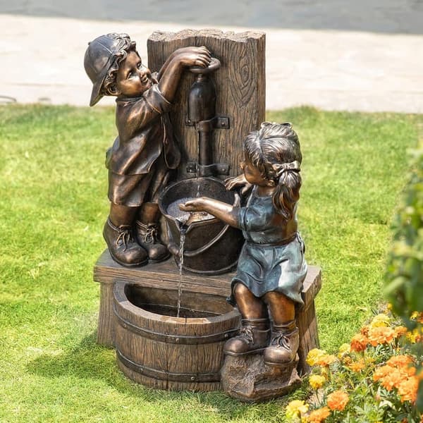 Outdoor Water Fountain with LED Light – Antique Bronze Children Statue