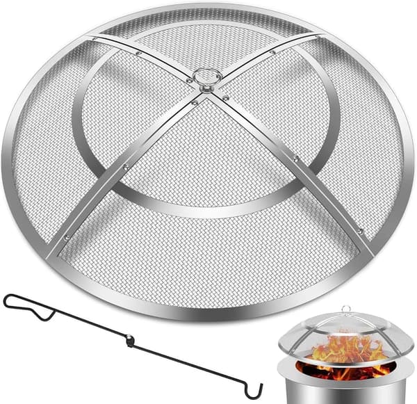 24-Inch Stainless Steel Fire Pit Spark Screen with Handle & Poker
