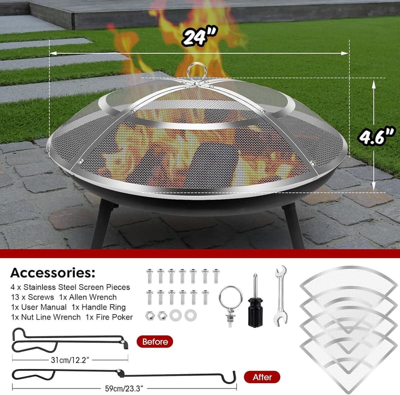 24-Inch Stainless Steel Fire Pit Spark Screen with Handle & Poker