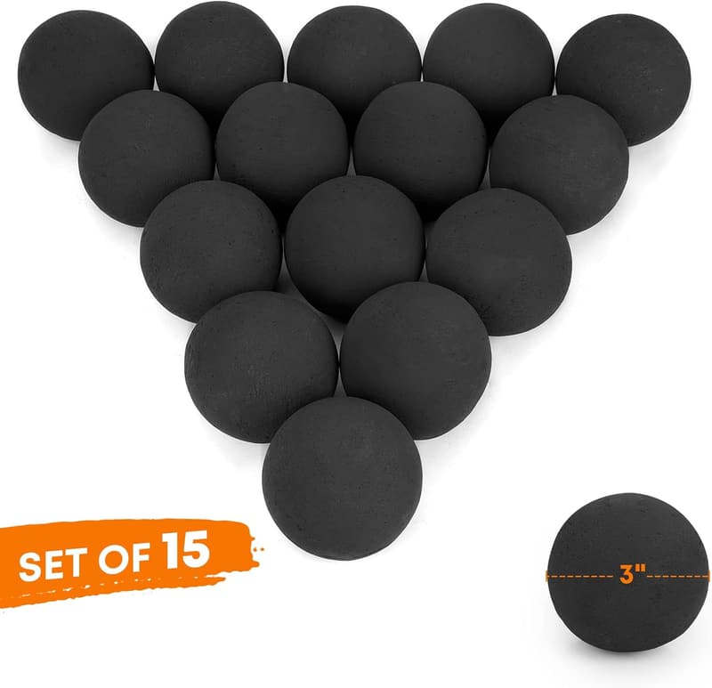 Ceramic Fire Balls - 3” Round Black Stones for Fire Pit, Set of 15