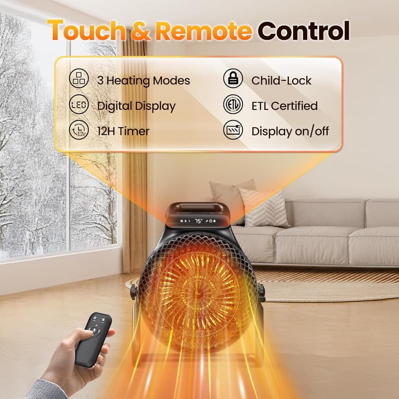 1500W Electric PTC Heater with Remote & 3 Modes for Outdoor Use