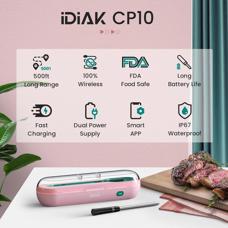 Smart Wireless Meat Thermometer for BBQ & Grilling - Pink