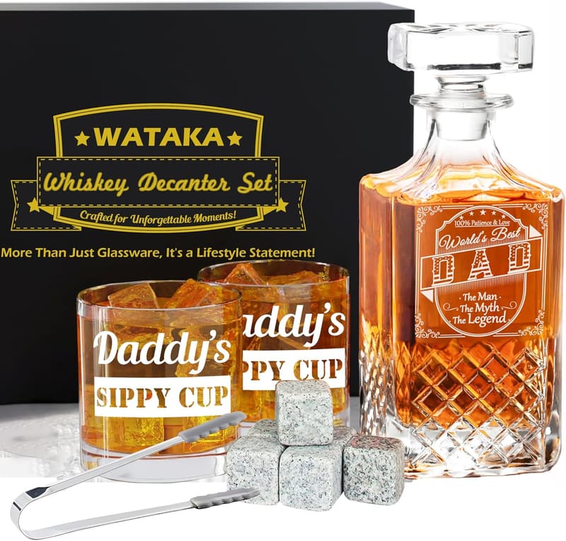 Whiskey Decanter Set with 2 Glasses - Birthday Gifts for Dad