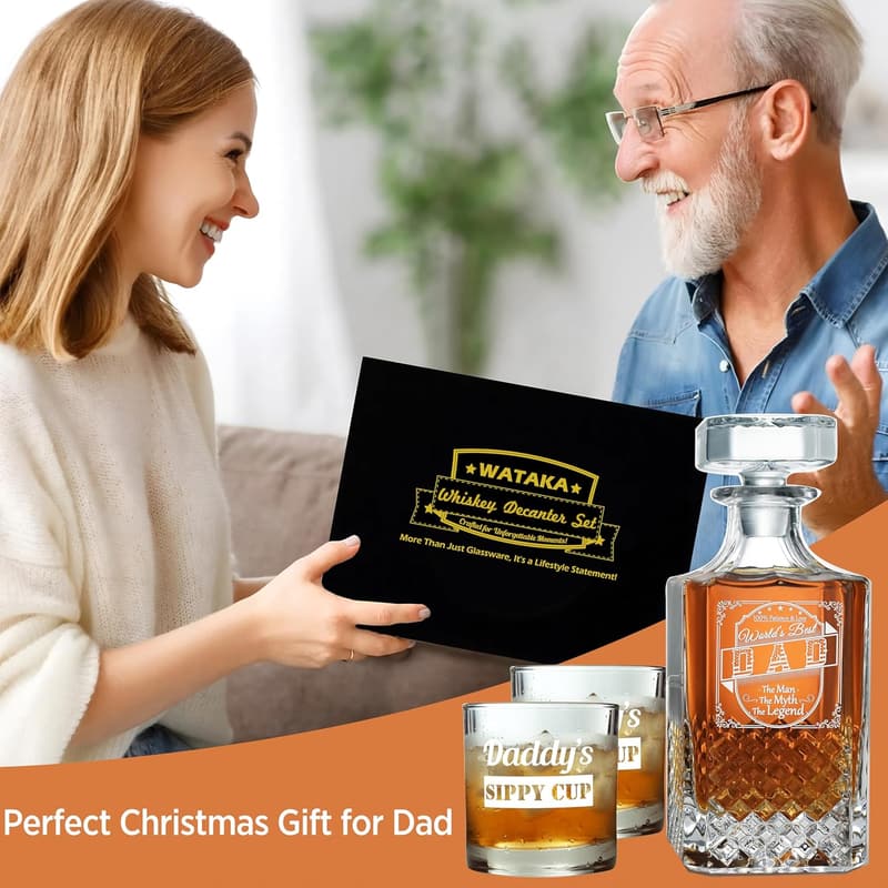 Whiskey Decanter Set with 2 Glasses - Birthday Gifts for Dad