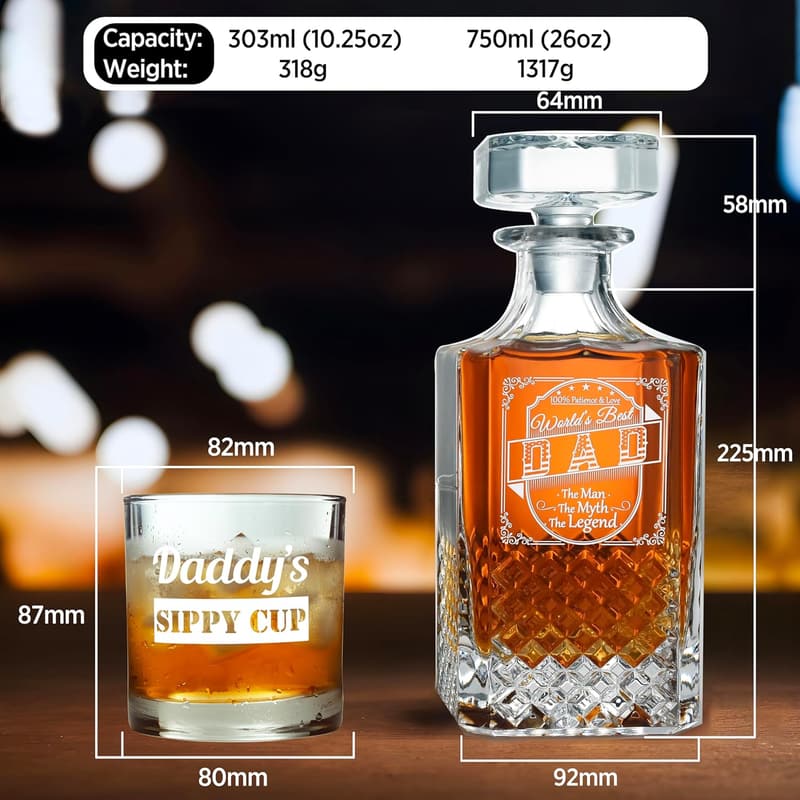 Whiskey Decanter Set with 2 Glasses - Birthday Gifts for Dad