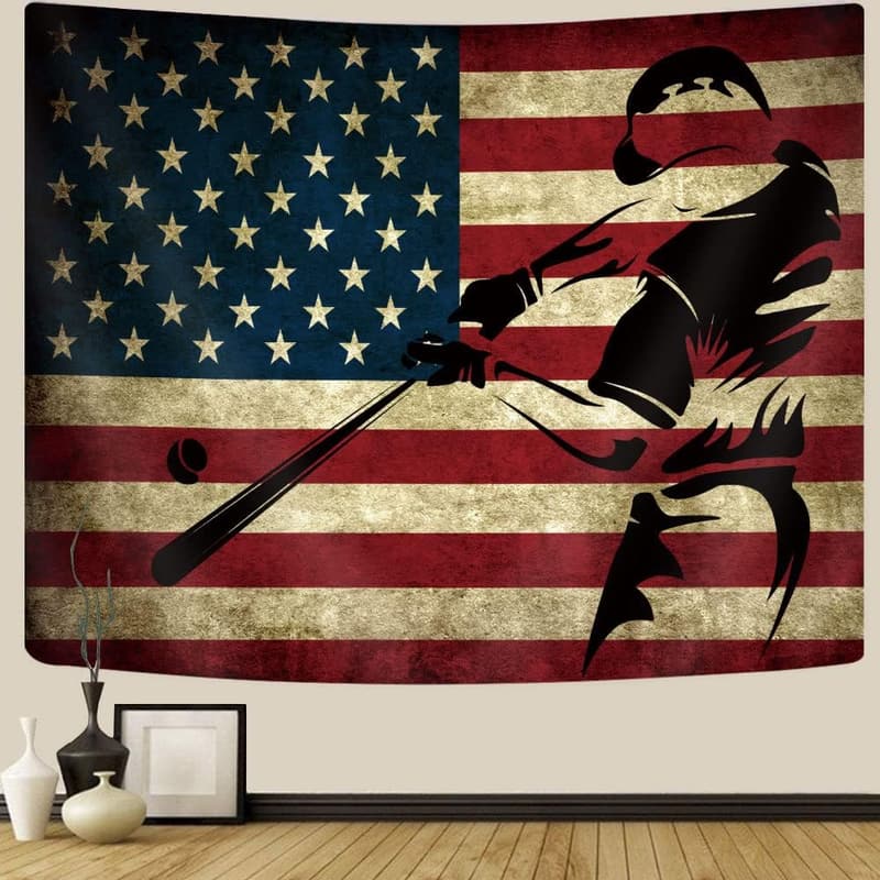 Vintage American Flag Baseball Tapestry for Boys' Bedroom, 60x40in