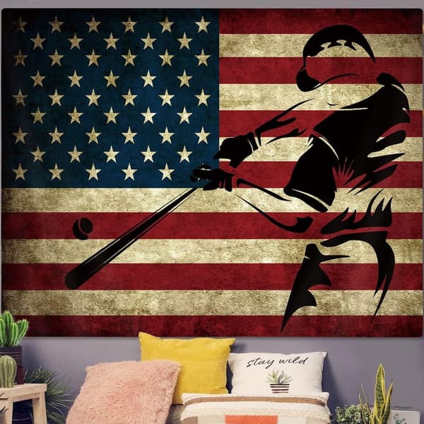 Vintage American Flag Baseball Tapestry for Boys' Bedroom, 60x40in
