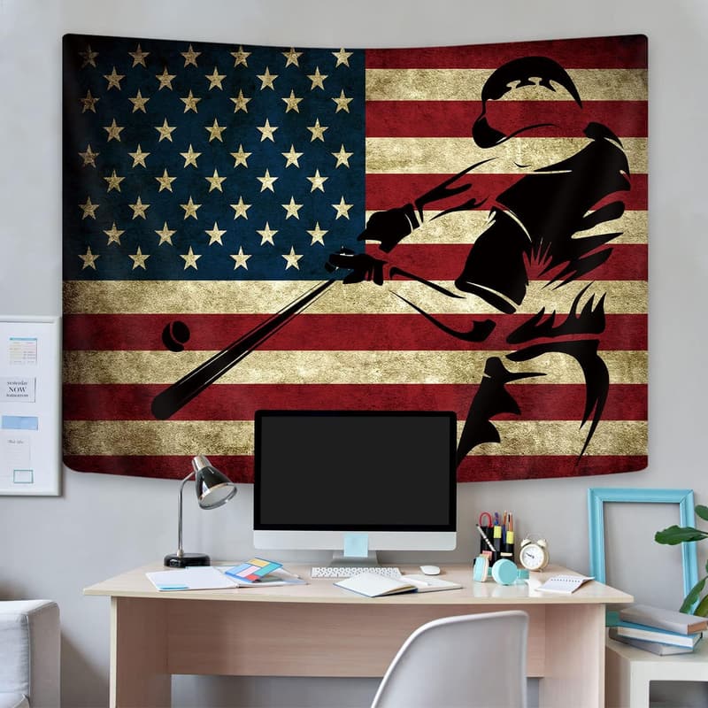 Vintage American Flag Baseball Tapestry for Boys' Bedroom, 60x40in