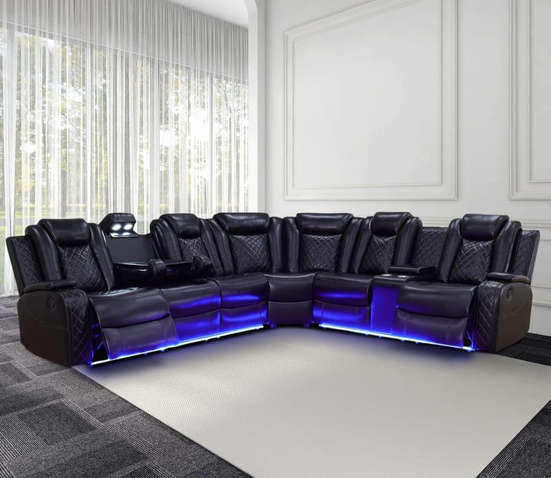 Leather Power Recliner Sectional Sofa with LED Lights & Cup Holders