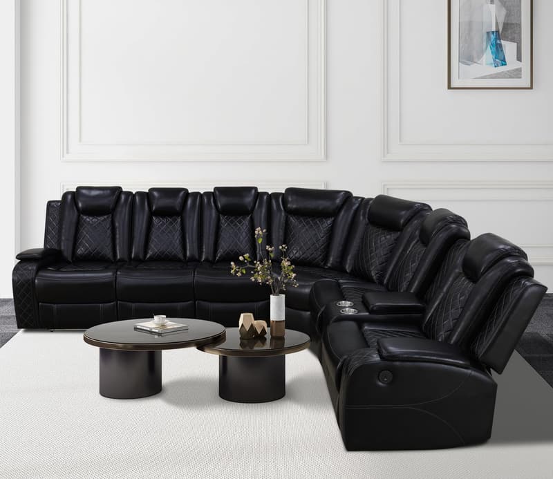 Leather Power Recliner Sectional Sofa with LED Lights & Cup Holders