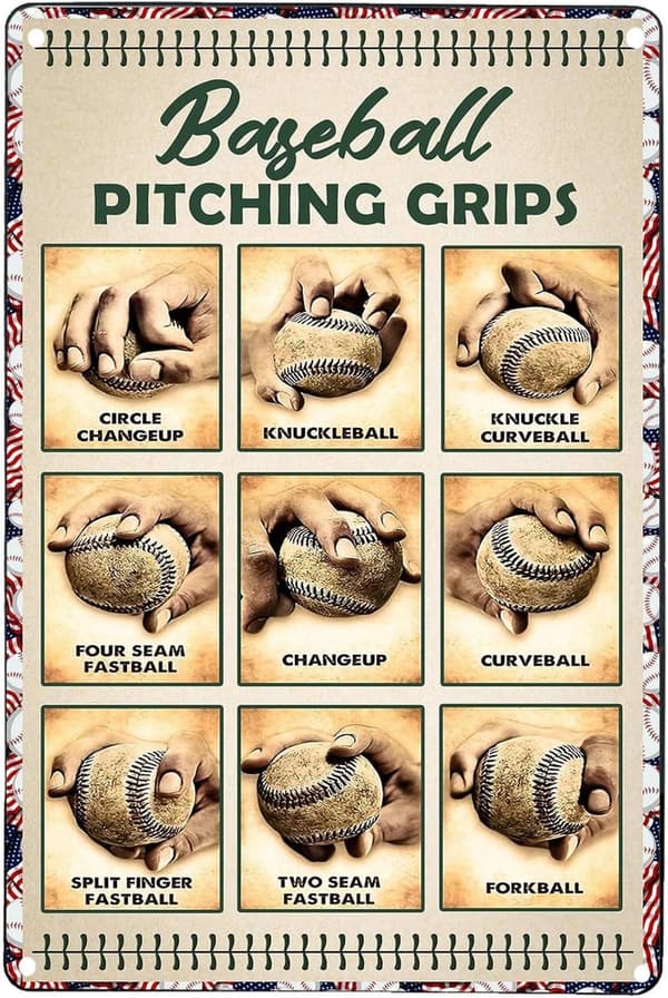 Retro Baseball Pitching Grips Metal Sign - 8x12 Wall Decor