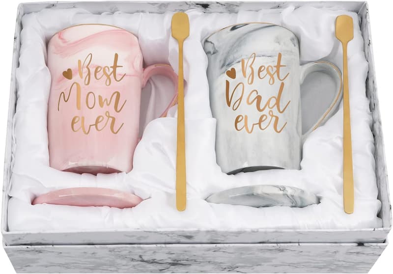 Mother's & Father's Day Marble Coffee Mug Set with Coaster & Spoon