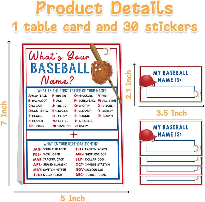 Baseball Name Game - Party Activity with 30 Name Stickers