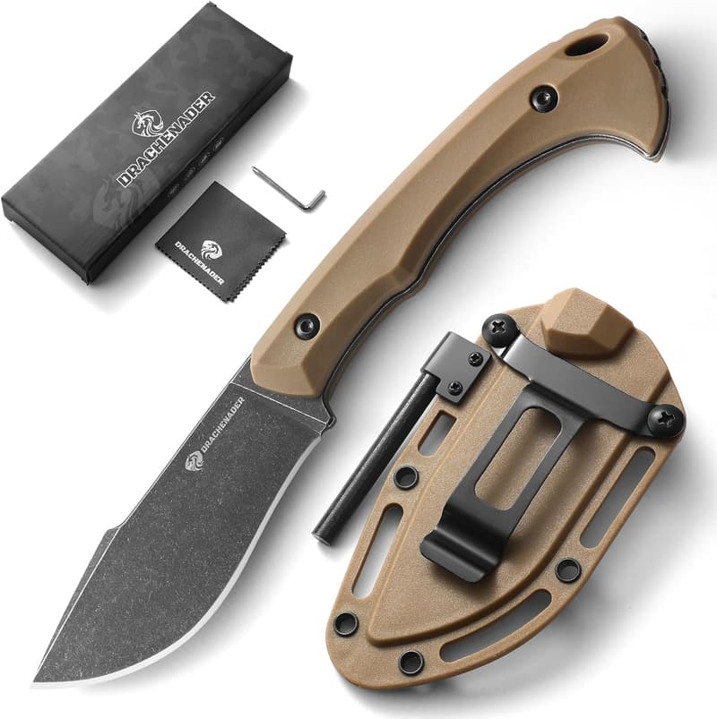 Khaki Full Tang Survival Knife with Fire Starter and Clip