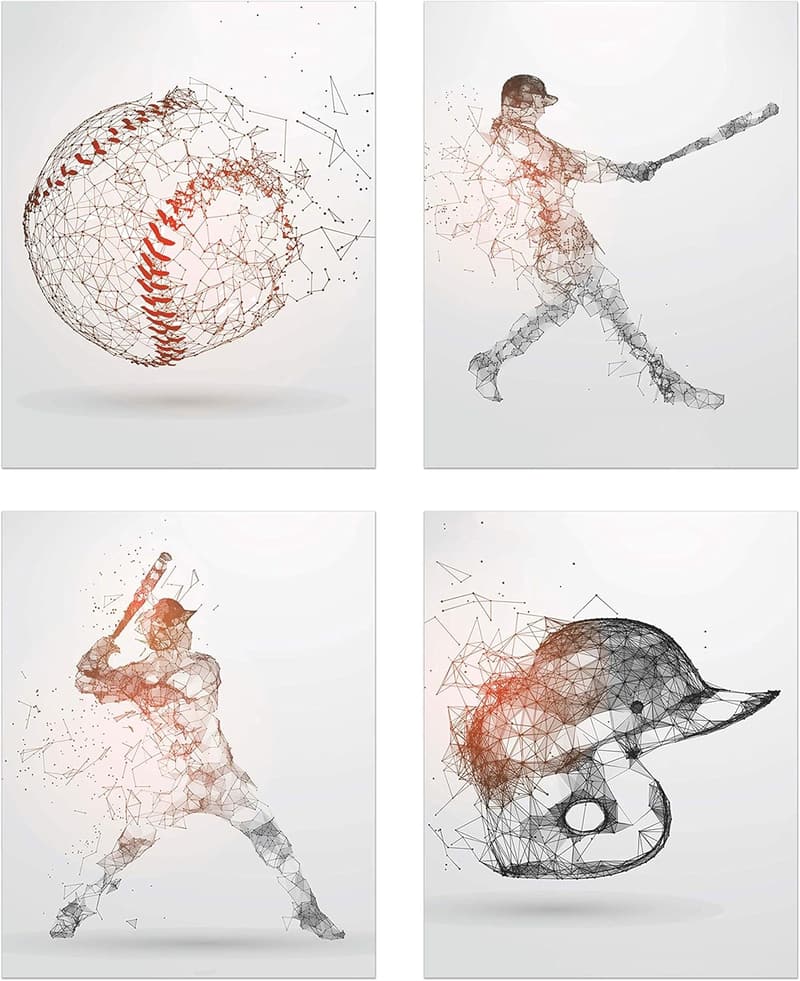 Baseball Wall Art Prints Set of 4 for Men & Teens