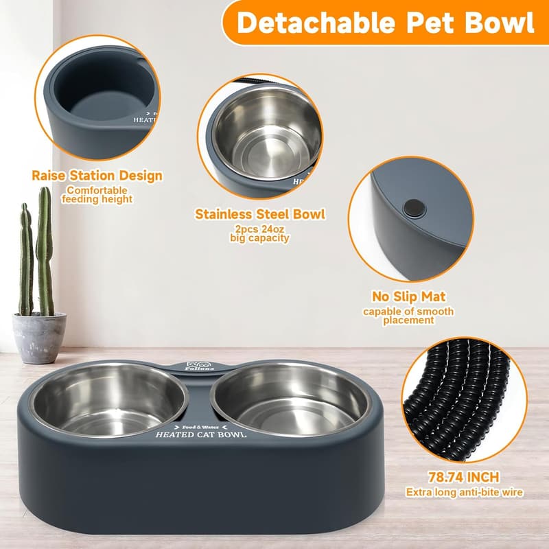 Outdoor Heated Pet Bowl with Double Stainless Steel 24 OZ